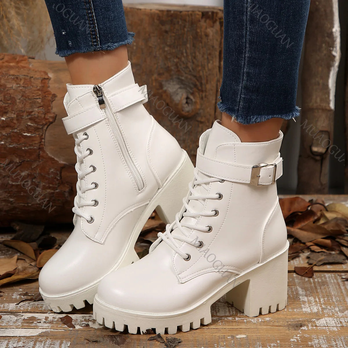 Women's fall and winter boots with buckle detail, white leather style from Corporación Turística, featuring a stylish and cozy design.