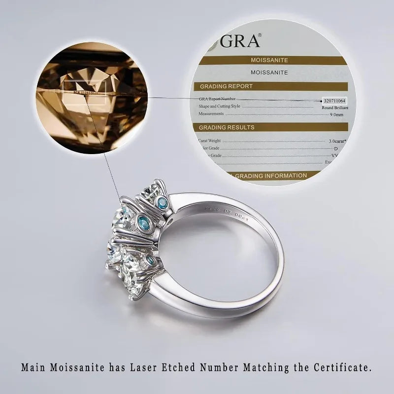 Silver S925 ring with moissanite inlays, featuring a white platinum-plated finish, displayed on a plain background.