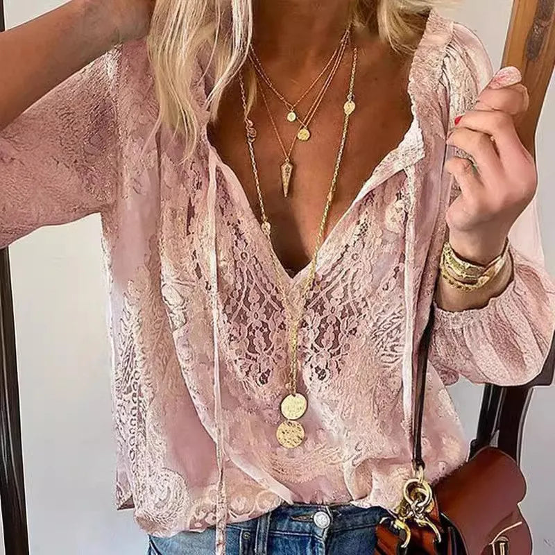 White boho lace blouse for women, perfect for spring and summer fashion, by Corporación Turística, with a loose, airy fit.