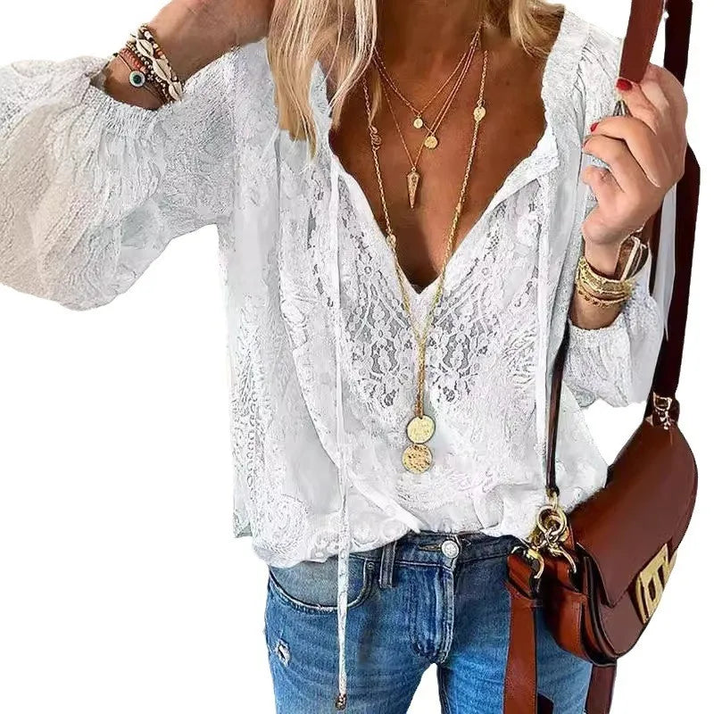 White women's boho blouse by Corporación Turística with lace details, perfect for spring and summer fashion.