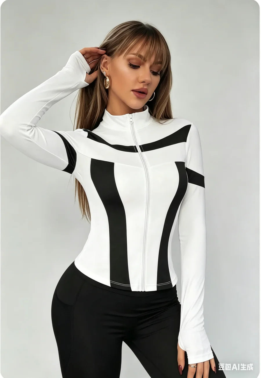 White long-sleeve sports T-shirt with high collar from Corporación Turística, designed for active wear and comfort.
