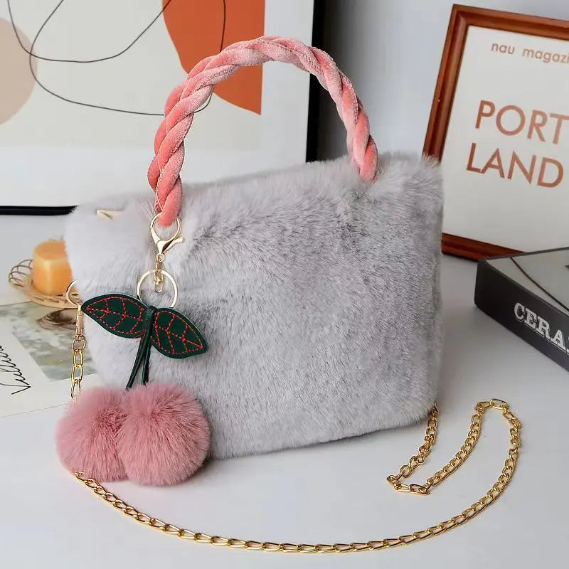 White fashion women's handbag by Corporación Turística, plush hand purse with soft fabric and stylish design.