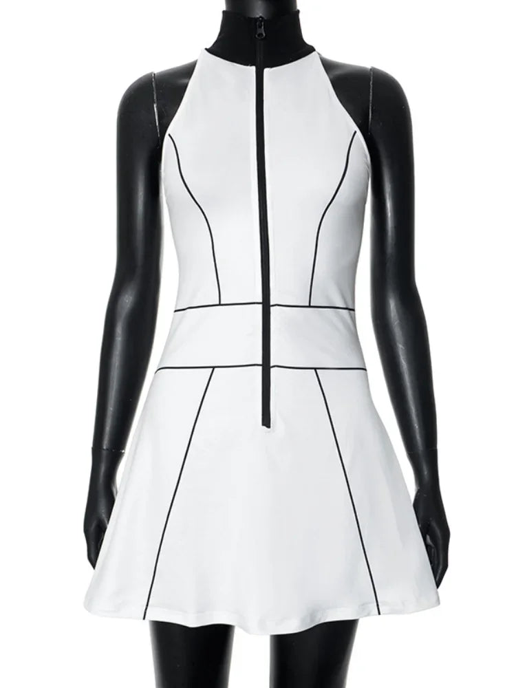 Striped empire waist dress with zipper closure by Corporación Turística, featuring a relaxed fit and lightweight fabric.