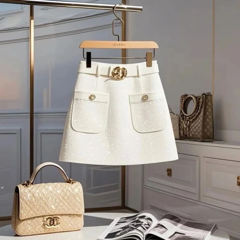 Elegant white tweed silk skirt for women, featuring a shiny finish, by Corporación Turística.