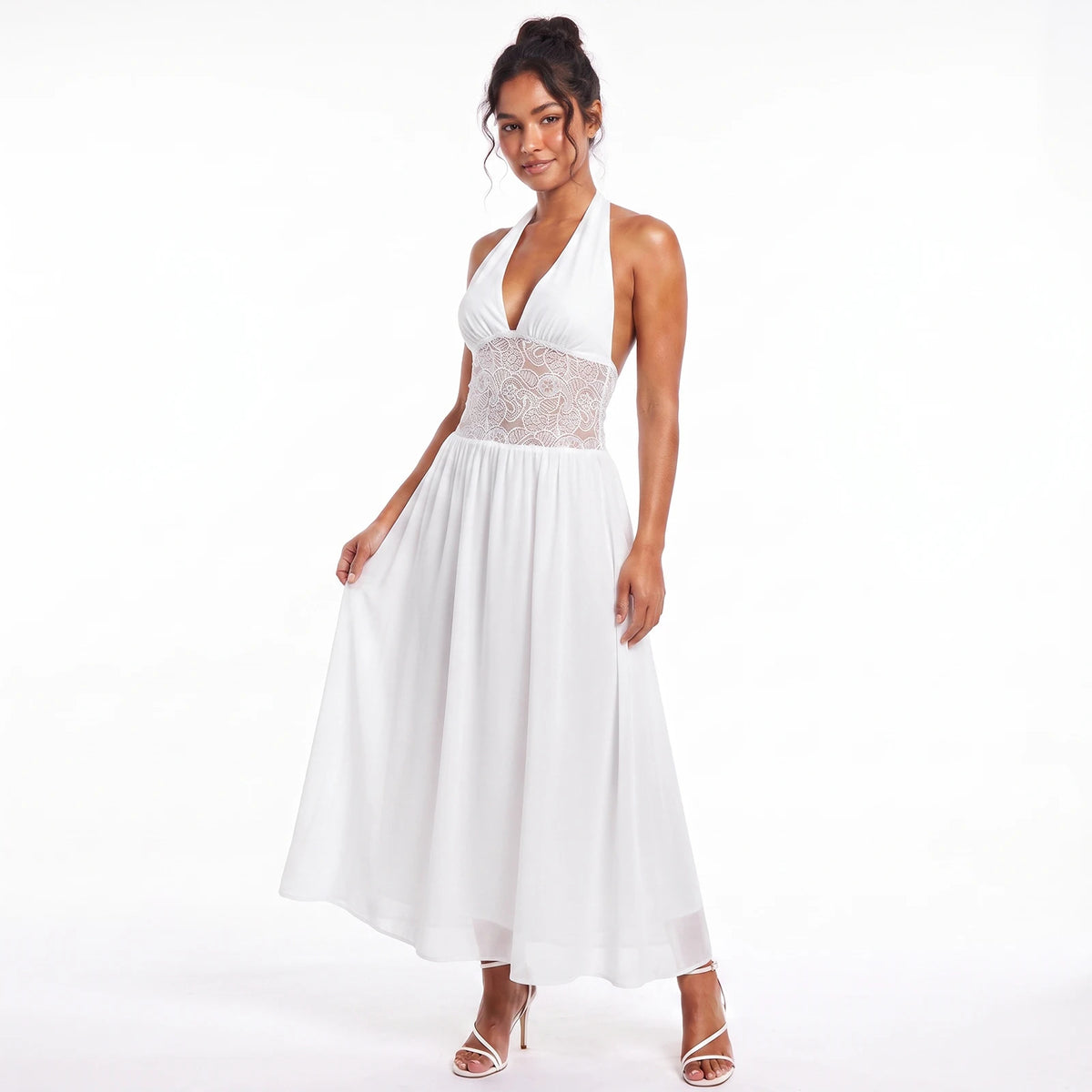 Elegant white long halter dress for women by Corporación Turística, sleeveless and suitable for formal occasions.