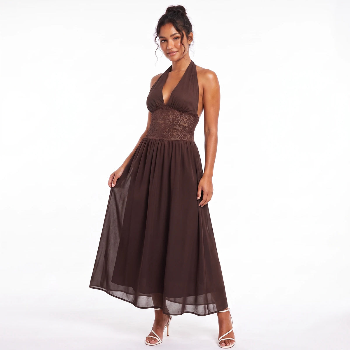Elegant white long halter dress for women by Corporación Turística, sleeveless and suitable for formal occasions.