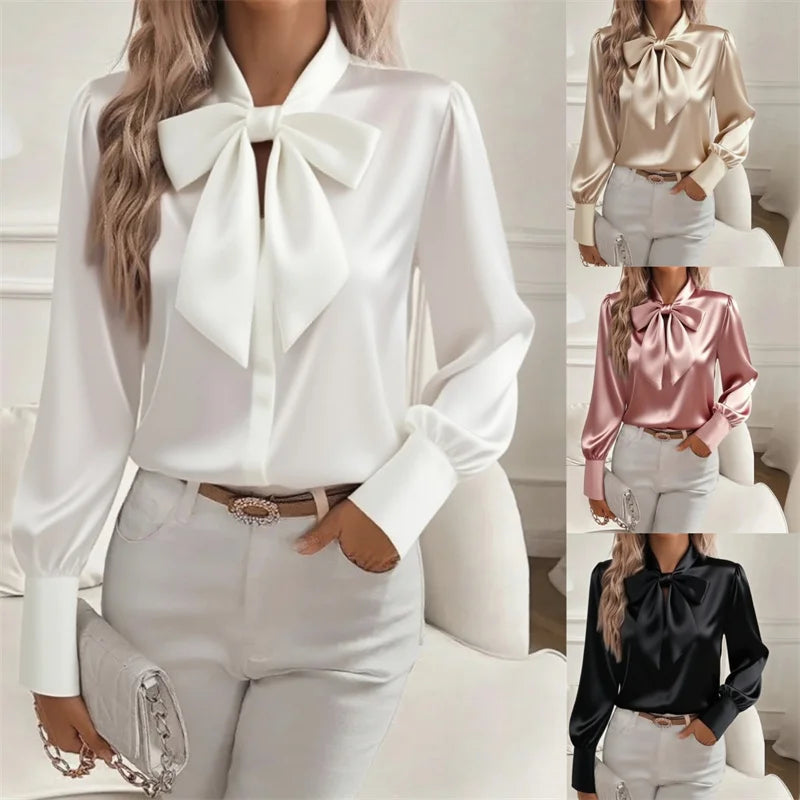 Elegant white satin blouse for women by Corporación Turística, stylish and fashionable, shown in an XL size.