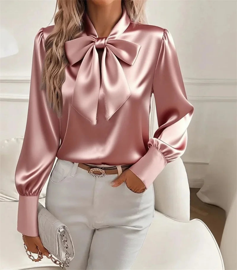 Elegant white satin blouse for women by Corporación Turística, featuring a stylish and fashionable design.