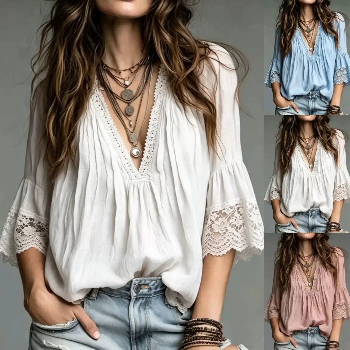 White bohemian V-neck blouse for women with European style, featuring flowy fabric and relaxed fit, by Corporación Turística.