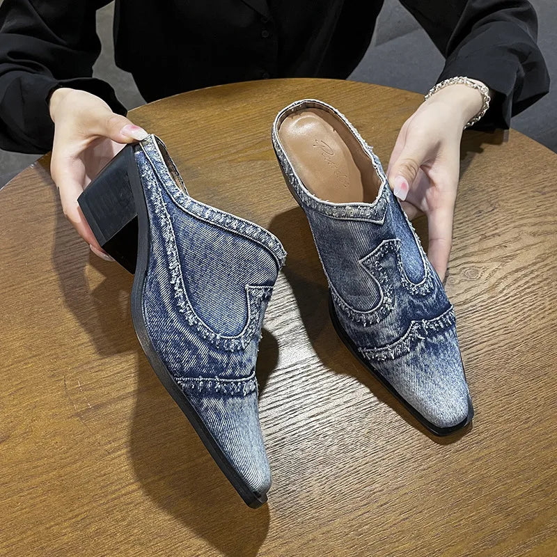 Blue denim casual sneakers and block heel sandals from Corporación Turística, shown side view with stylish design.