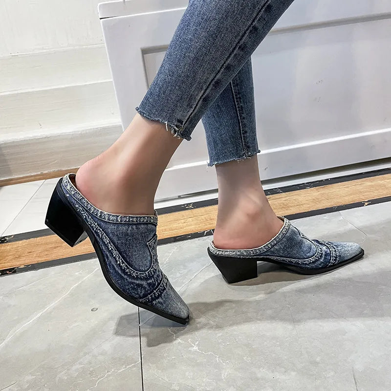 Blue denim casual sneakers and block heel sandals from Corporación Turística, shown together in a stylish footwear display.