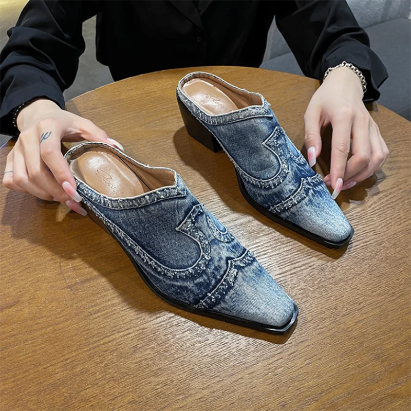 Blue denim casual sneakers and heeled sandals by Corporación Turística, displayed side by side on a white background.