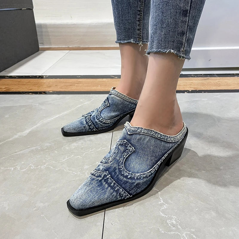 Blue LazySeal denim fabric sneakers with square heels by Corporación Turística, featuring casual slip-on design and comfortable fit.