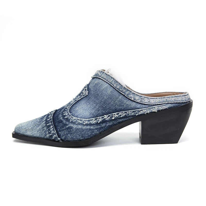 LazySeal denim slip-on sneakers with square heels by Corporación Turística, featuring casual blue fabric and stylish design.