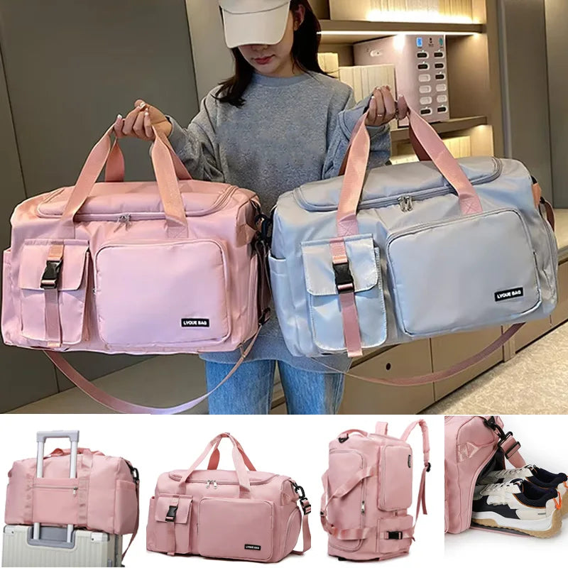 Blue travel bag for women, multifunctional travel backpack by Corporación Turística, with spacious compartments and adjustable straps.