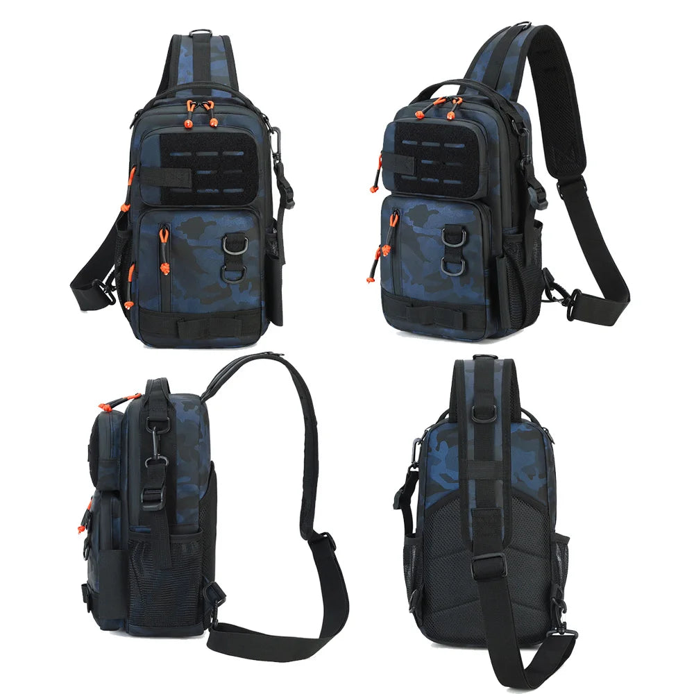 Blue camouflage tactical fishing vest with chest pocket and bait holder, designed for outdoor fishing accessories.