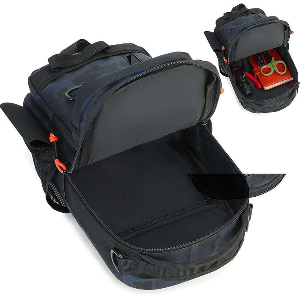 Blue camouflage tactical fishing chest bag with fishing lure accessories from Corporación Turística, designed for outdoor anglers.