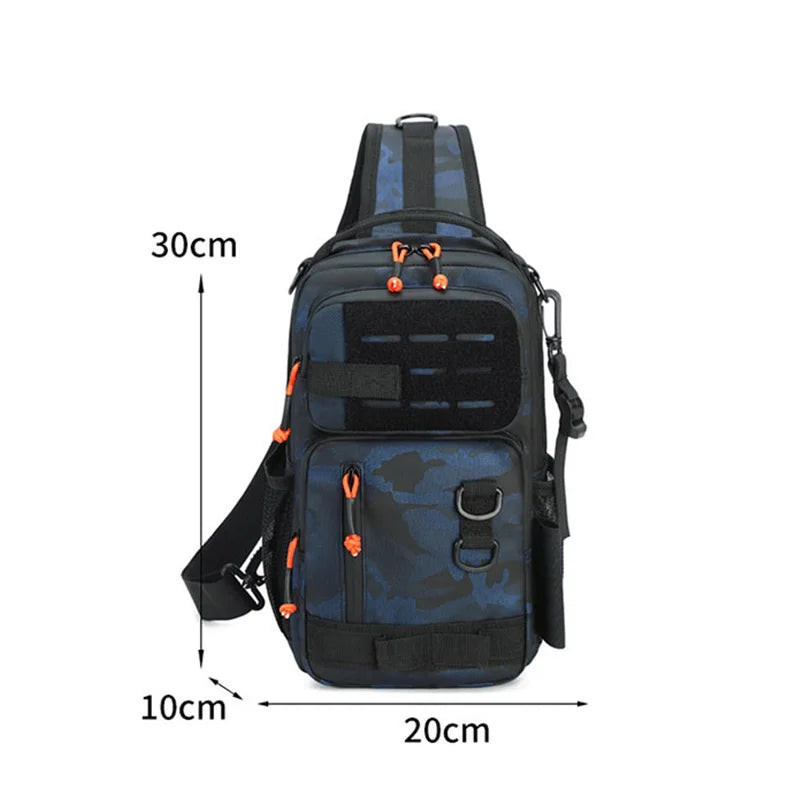 Blue camouflage tactical fishing tackle chest bag with lure holder and accessories from Corporación Turística.
