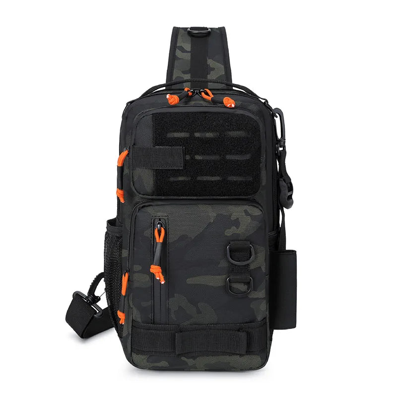 Tactical fishing chest bag with bait holder from Corporación Turística, featuring blue camouflage and multiple accessory compartments.