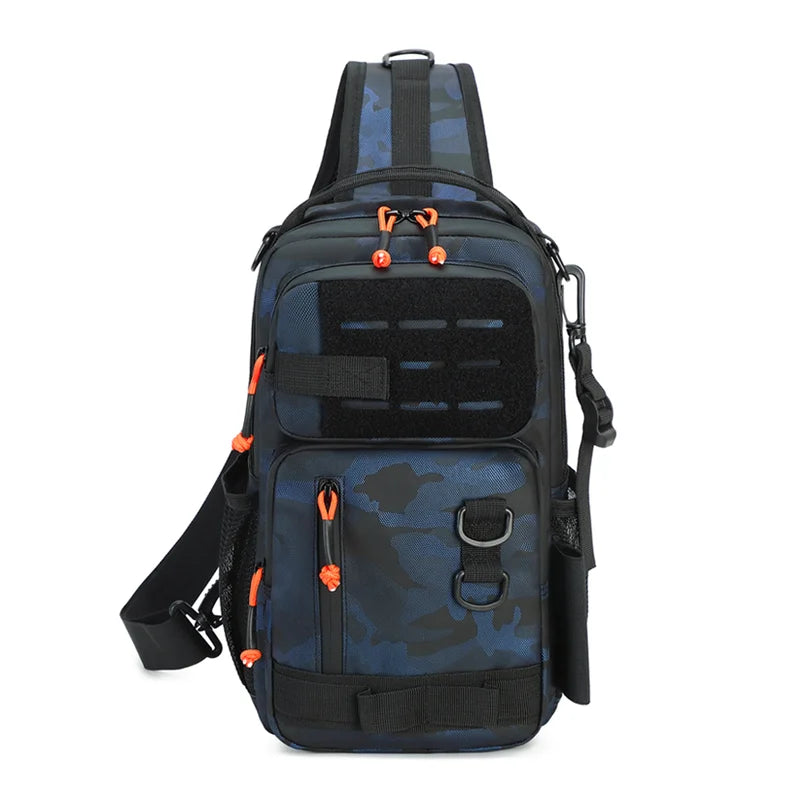 Blue camouflage tactical fishing tackle chest bag with fishing lure and accessories for outdoor anglers.