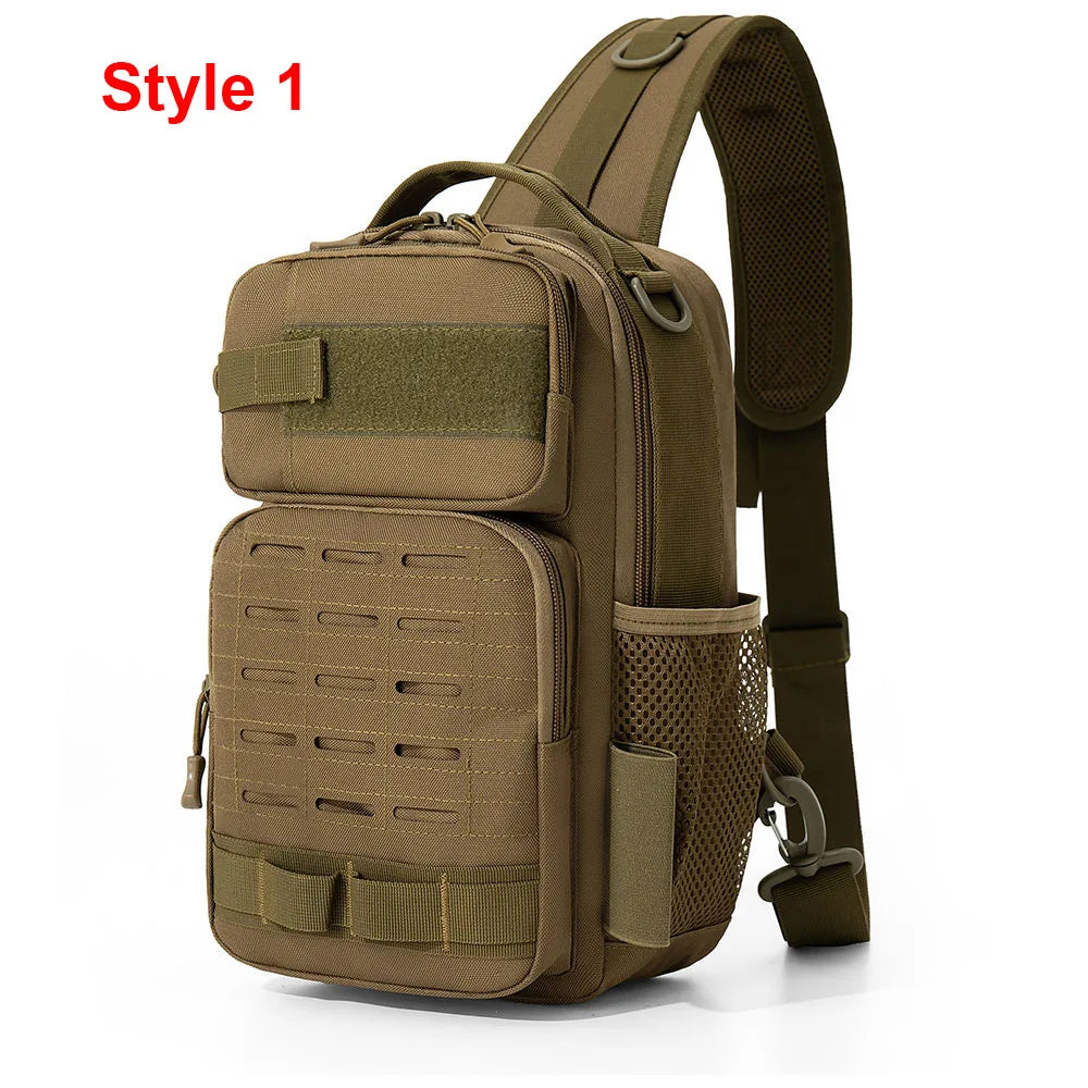 Blue camouflage tactical fishing tackle chest bag with adjustable straps and multiple compartments for accessories.