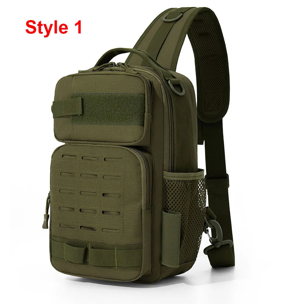 Blue camouflage fishing tactical chest bag with fishing lure accessories from Corporación Turística, designed for outdoor anglers.