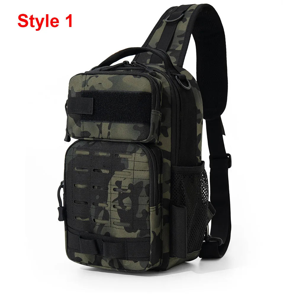 Blue camouflage tactical fishing bait pouch with adjustable strap and multiple compartments, ideal for fishing accessories.