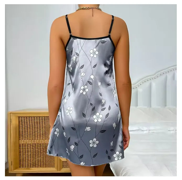 Blue grey satin women's sleepwear camisón with printed design, comfortable and elegant sleep dress from Corporación Turística.