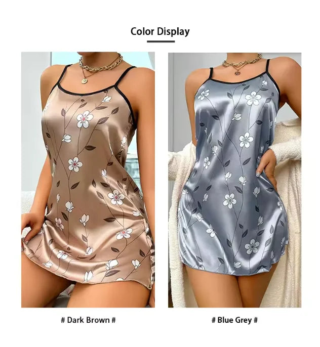 Blue and grey satin women's sleepwear camisón with floral print, made by Corporación Turística, comfortable and stylish nightwear.
