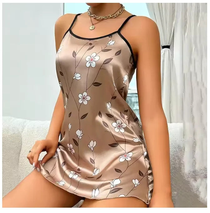 Blue satin women's sleepwear camisón with floral print, comfortable and elegant sleep dress by Corporación Turística.