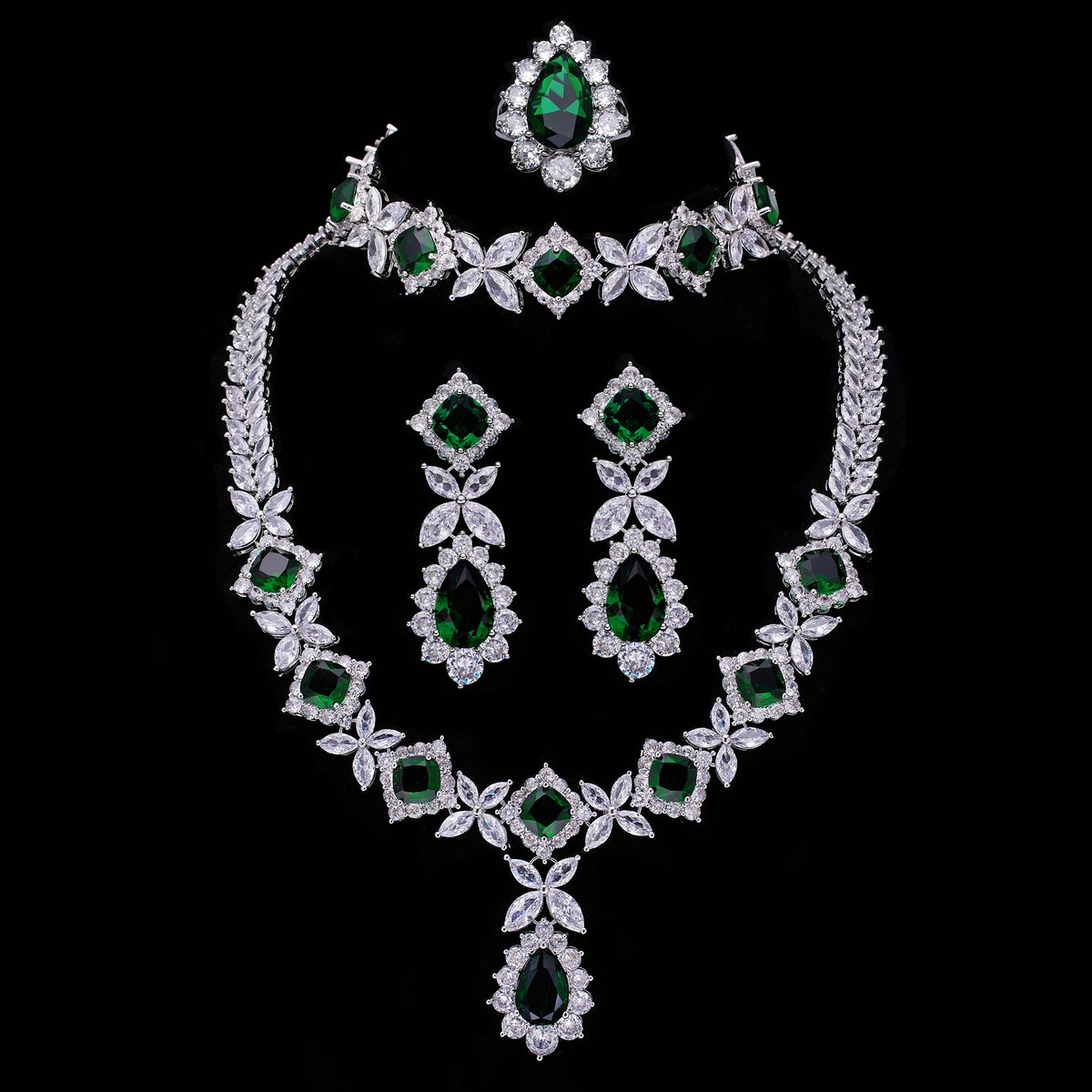 Blue and red adjustable 45cm bridal jewelry set with zircon, featuring earrings and necklace from Corporación Turística.