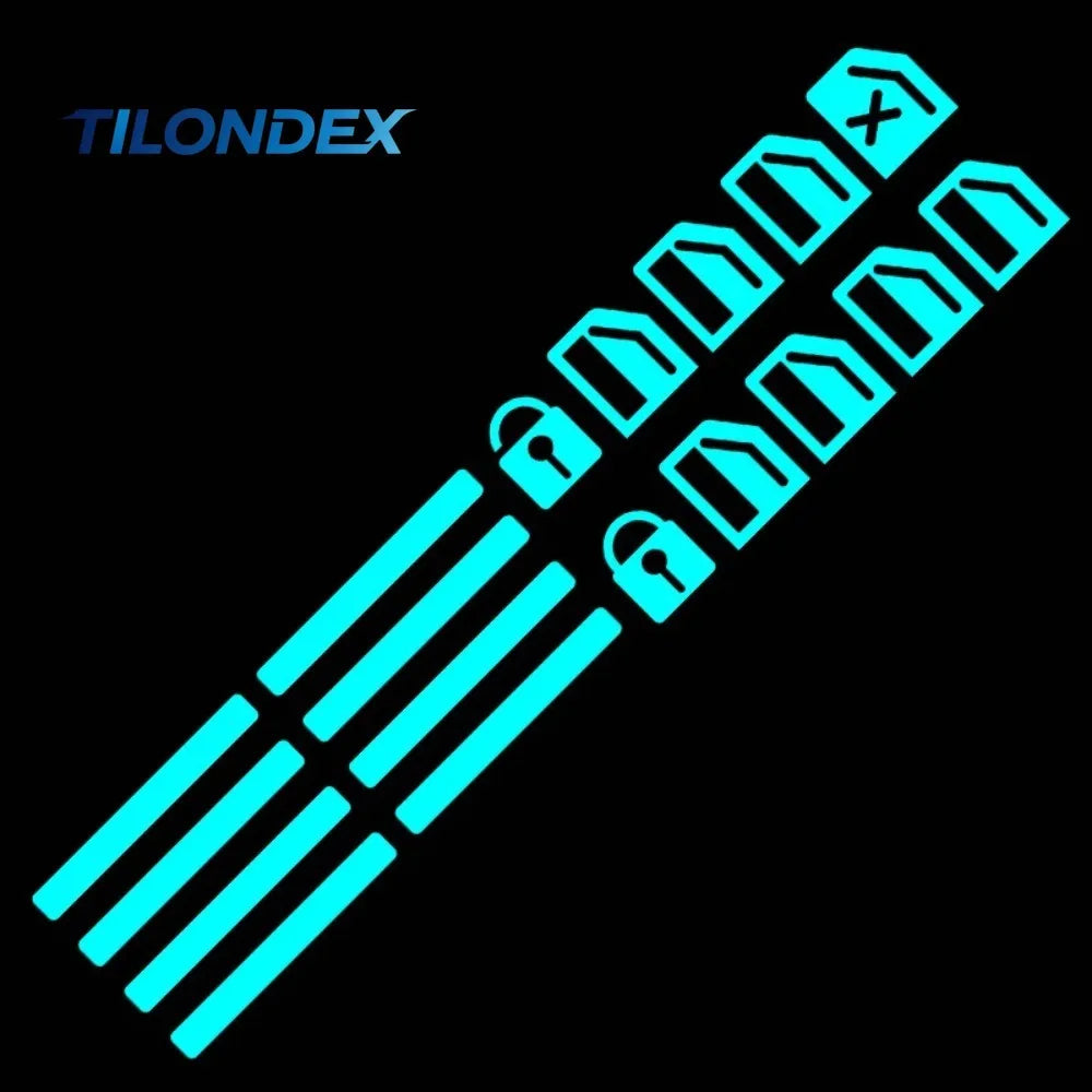 Blue TILONDEX 18-piece luminous sticker set for vehicle buttons, featuring vibrant glow-in-the-dark decals by Corporación Turística.
