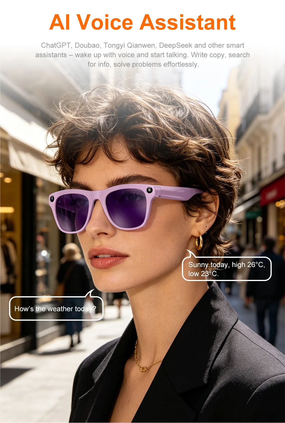 Blue smart glasses with AI enhancements, featuring three lenses and a built-in camera from Corporación Turística.
