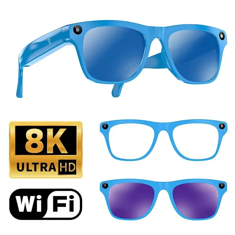 Blue smart glasses with AI, multiple lenses, from Corporación Turística, featuring integrated camera and modern design.
