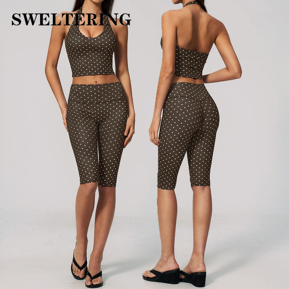 Blue and brown women's 2-piece sports set from Corporación Turística, including a yoga top and matching leggings.