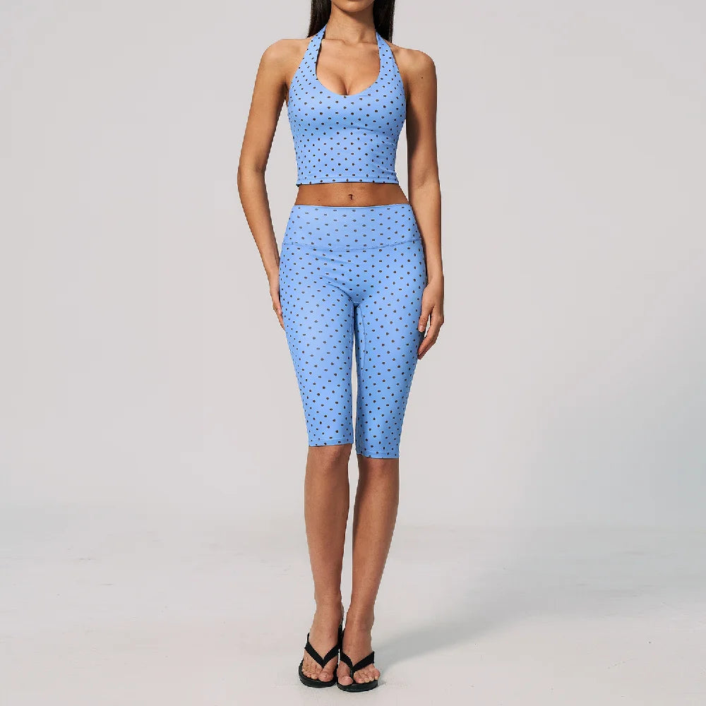 Blue and brown women's 2-piece sports set with yoga top and leggings from Corporación Turística, comfortable athletic wear.