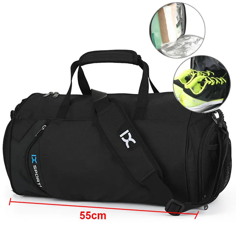 Blue men's gym bag by Corporación Turística with separate dry and wet compartments, suitable for sports and travel.