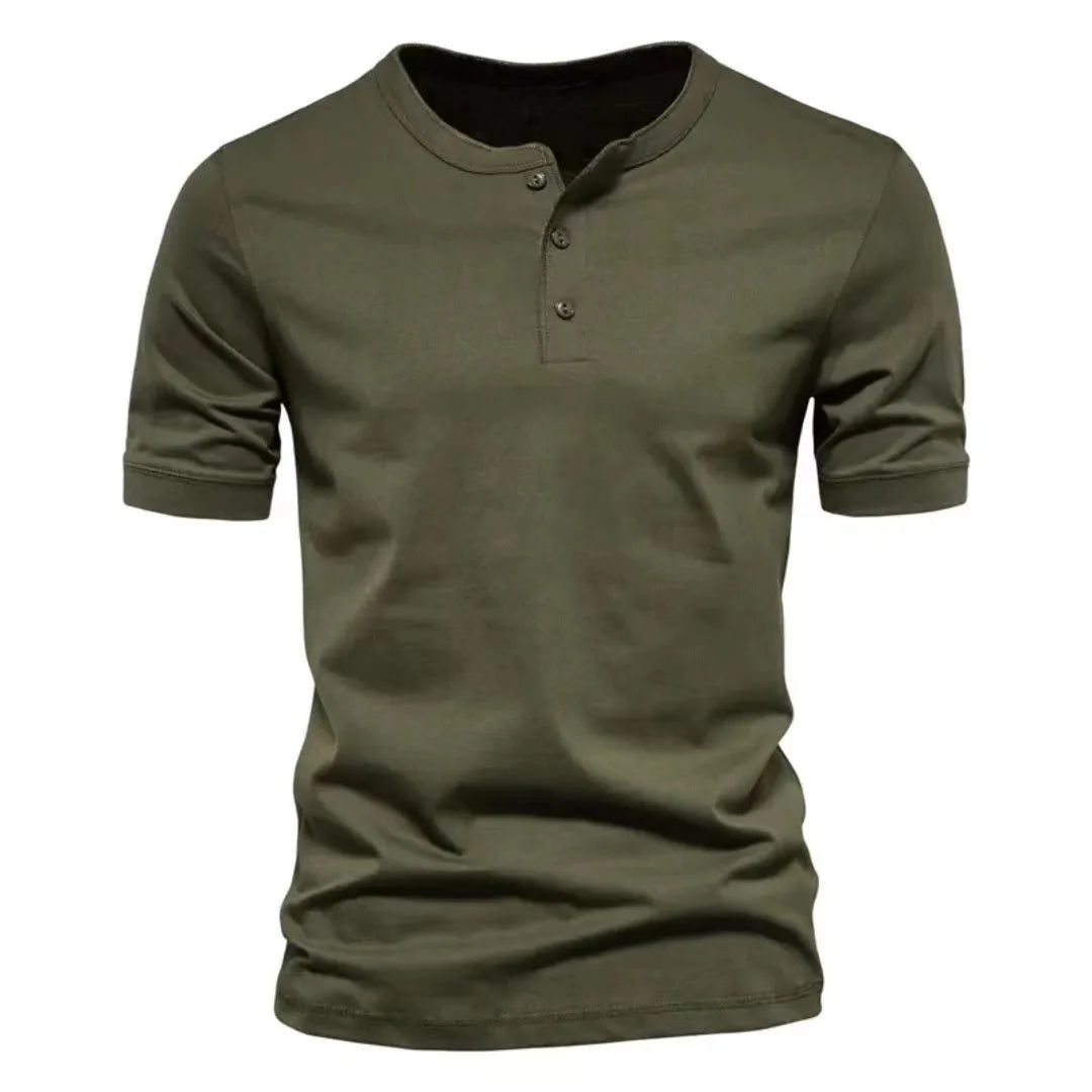 Men's solid color Henley T-shirt by Corporación Turística, short sleeve, breathable, casual summer top with crew neck.