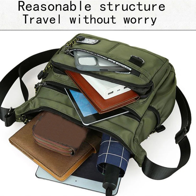 Black nylon men's shoulder bag with multiple layers, ideal for business travel, from Corporación Turística.