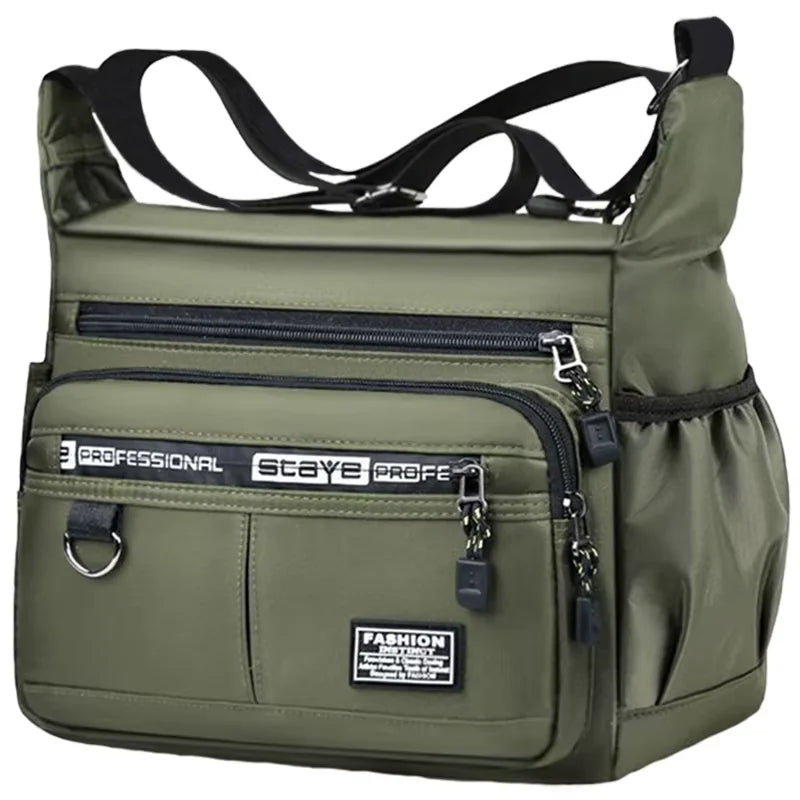 Black nylon men's shoulder bag by Corporación Turística with multiple layers, ideal for business travel and casual use.