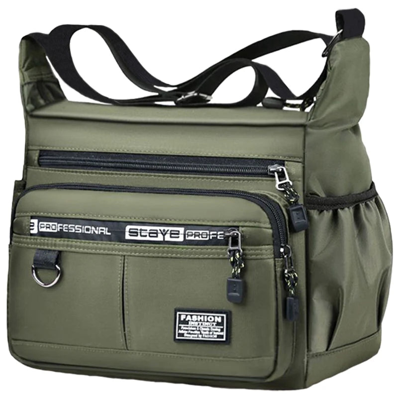 Black nylon men's shoulder bag by Corporación Turística, multi-layer design, ideal for travel and business trips.