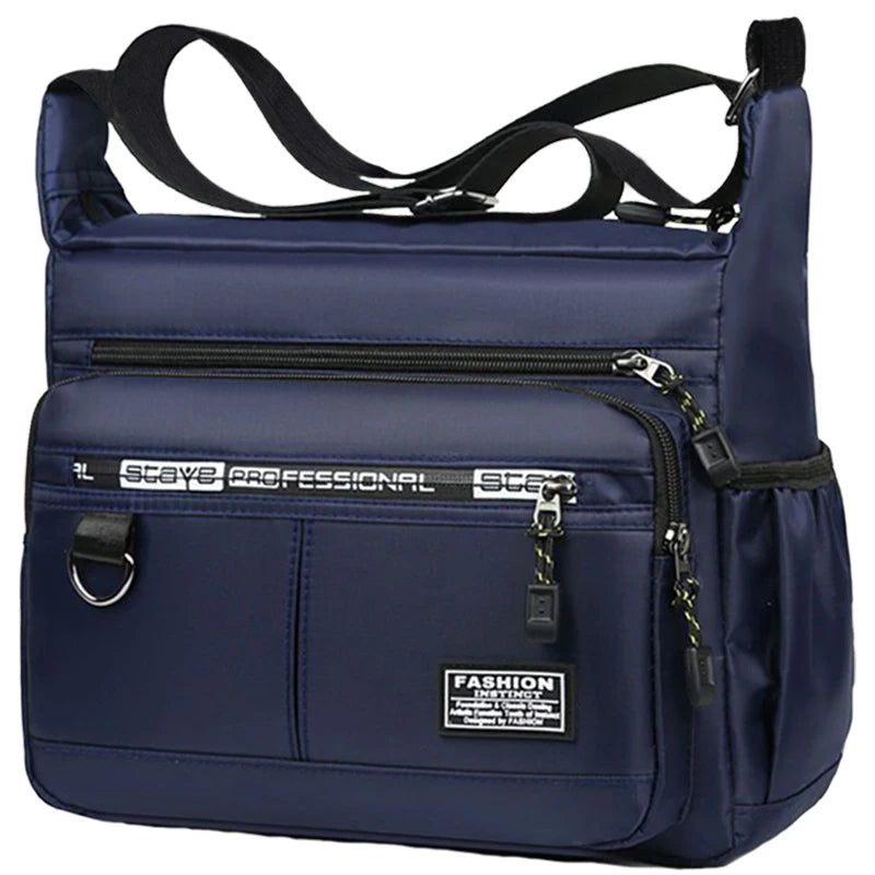 Black nylon men's shoulder bag by Corporación Turística, multi-layer bandolera for business travel, with multiple compartments.