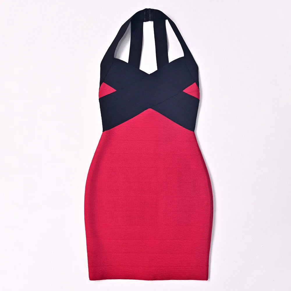 Sexy red and black bandage dress with halter neck from HQBORY, featuring a fitted silhouette and stylish design.