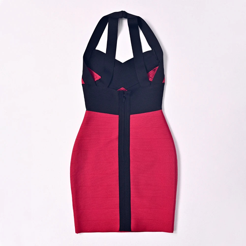 Sexy red and black bandage dress with halter neckline from HQBORY, featuring a fitted design and stylish look.