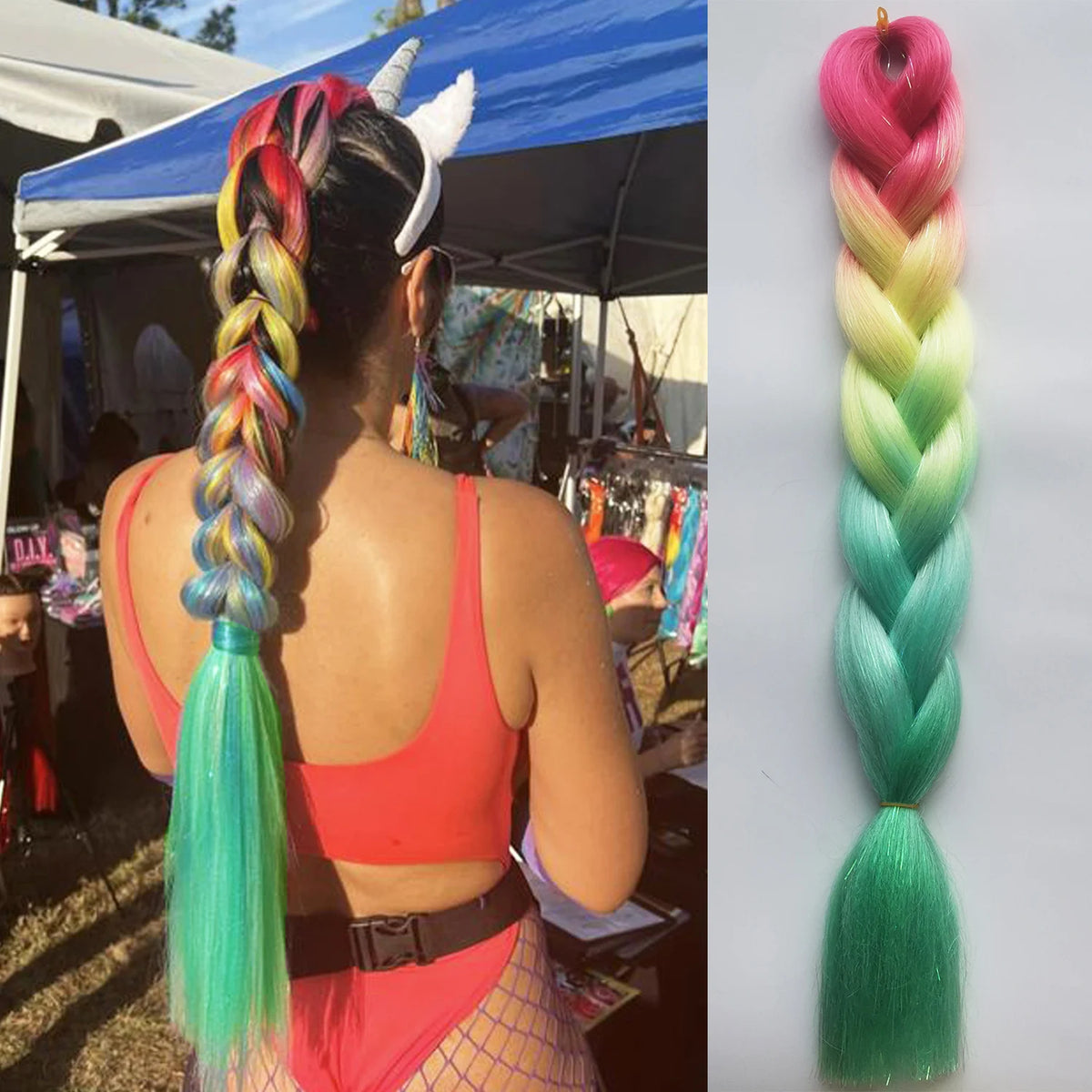 Long black hair extensions for girls with straight braid styles, 26 inches, by Corporación Turística, shown in a close-up image.