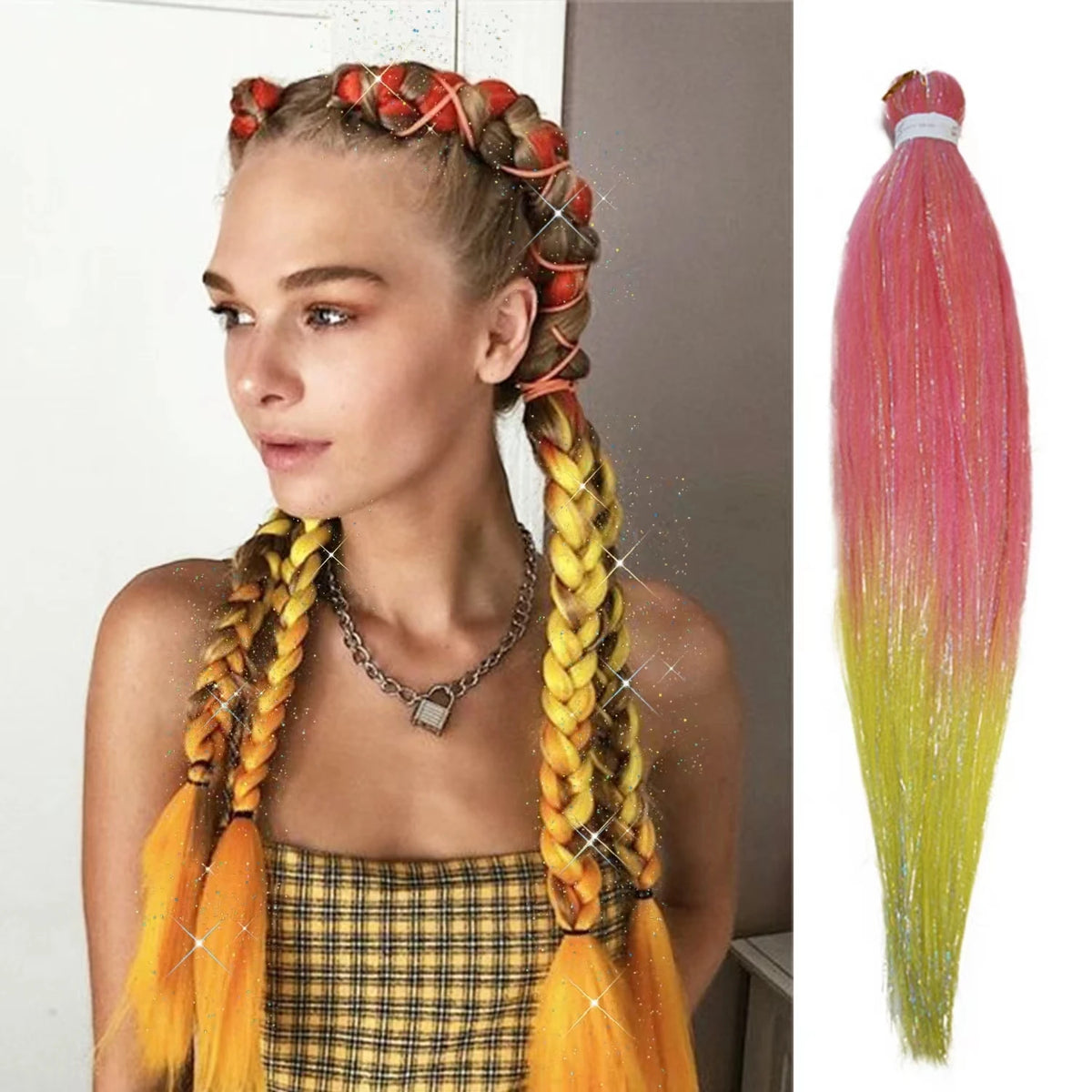 Niñas con trenzas rectas usando extensiones de cabello de 26 pulgadas, color rubio, fabricadas por Corporación Turística.