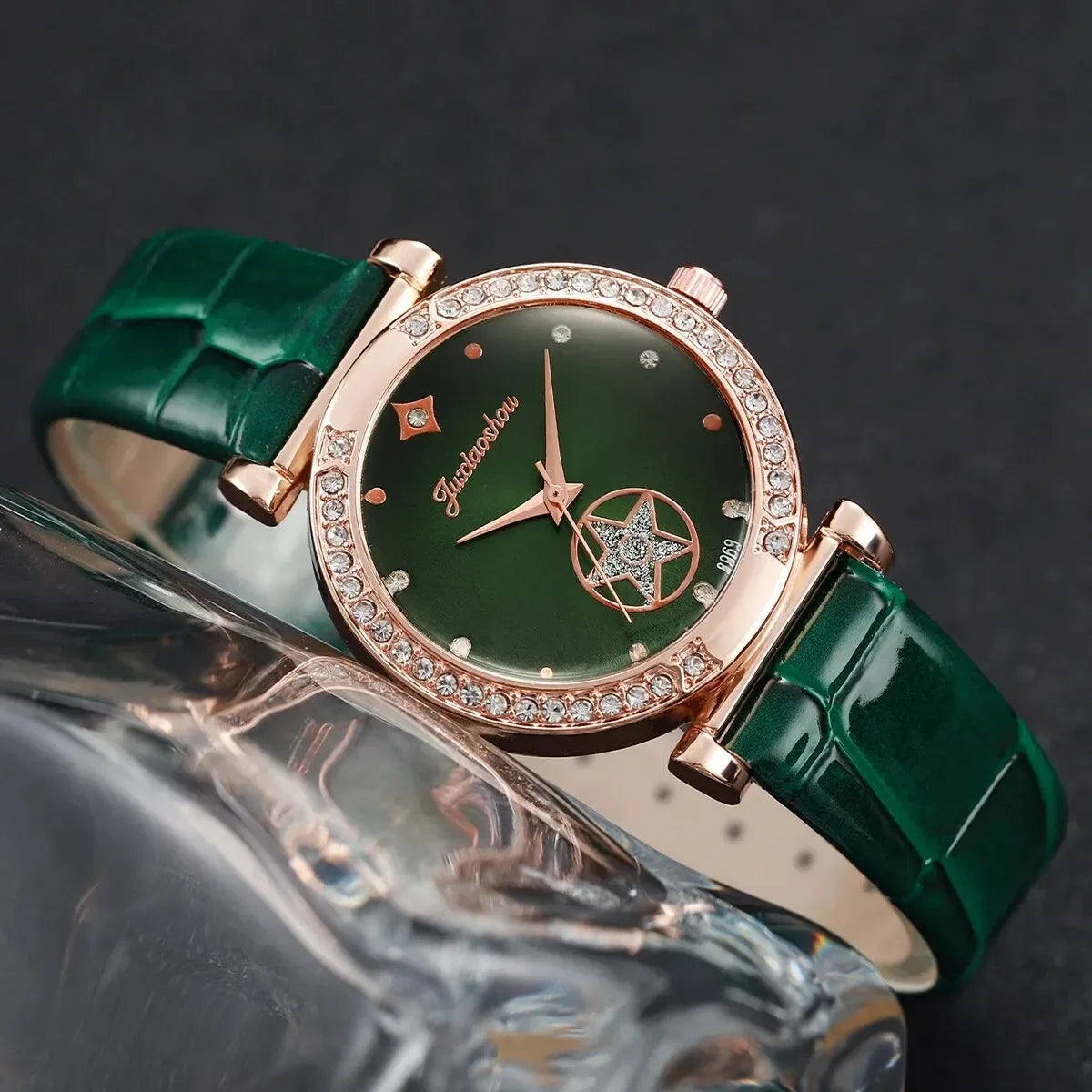Elegant women's green leather watch set with rose gold accents by Corporación Turística, featuring a stylish strap and classic design.