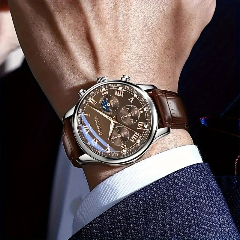 Bronze Geneva watch with silver case, lunar phase display, and triple subdials by Corporación Turística.