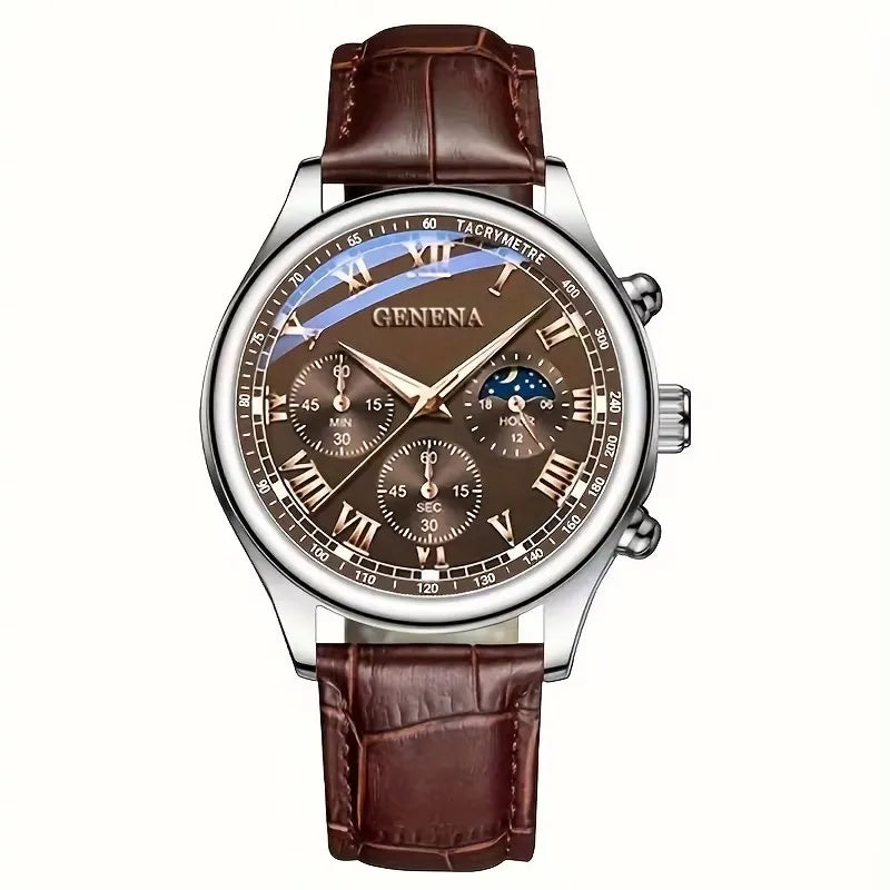 Geneva wristwatch by Corporación Turística featuring a silver case, lunar phase, and triple subdials.