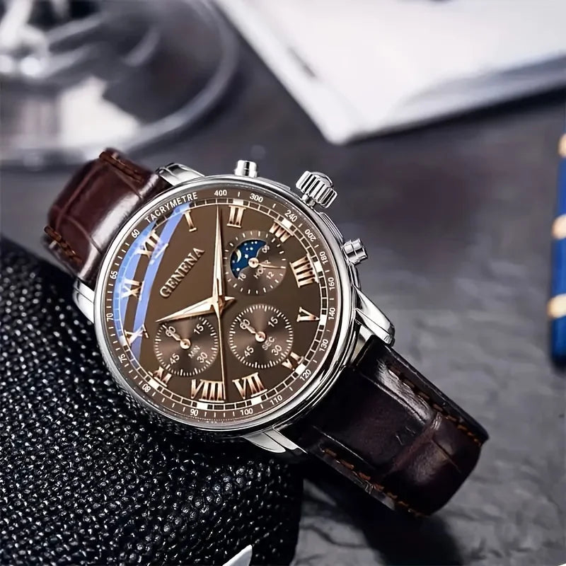 Geneva wristwatch with silver case, lunar phase display, and triple subdials by Corporación Turística.